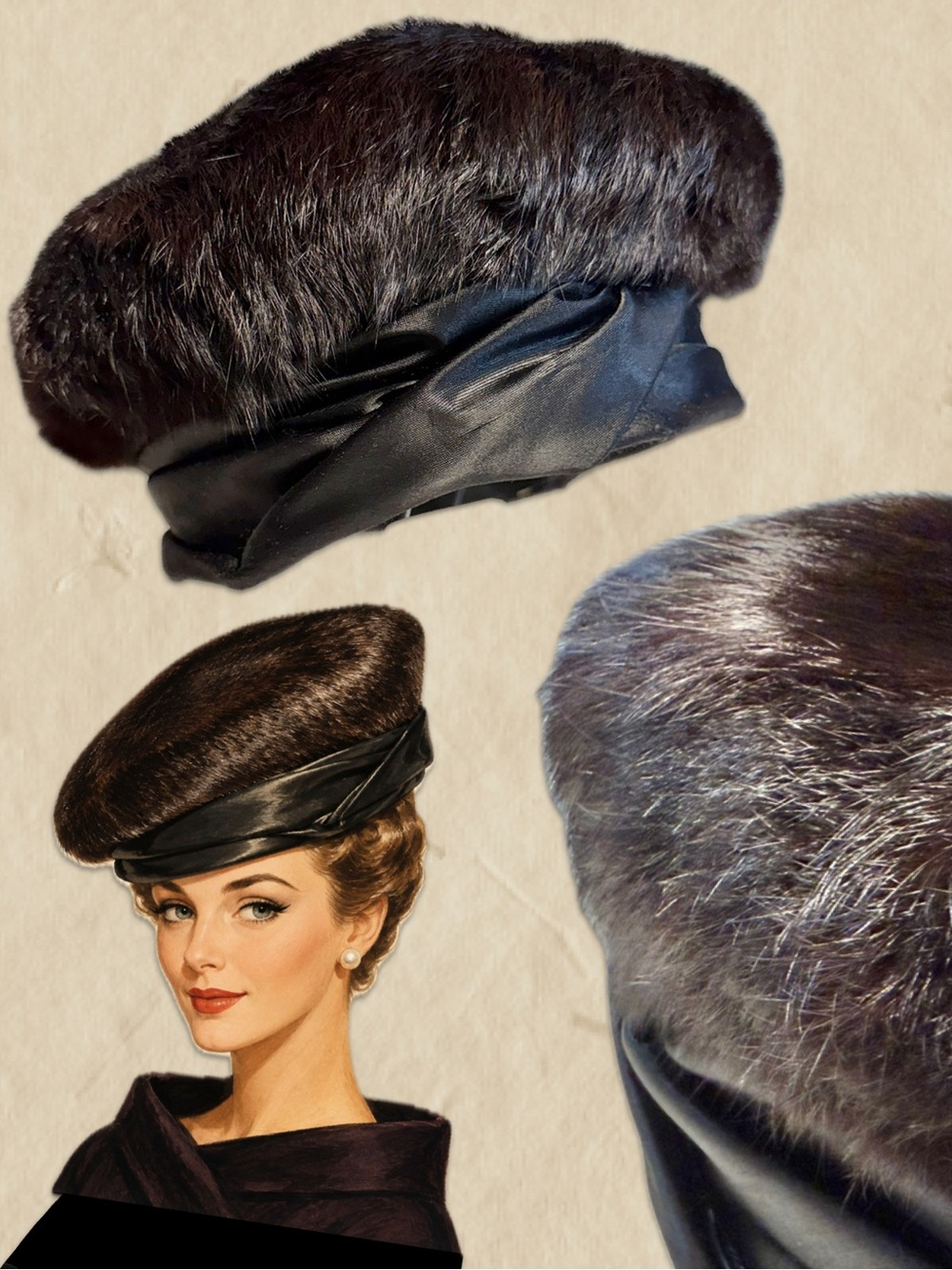 VINTAGE Mid Century Fur Toque pillbox Hat Dark Brown Satin Trim 1950s 60s MCM